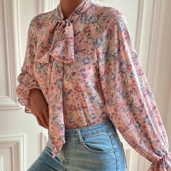 Bohemian Blush Pink Floral Neck Tie Ruffle Top Cottagecore - Picture 6 of 8